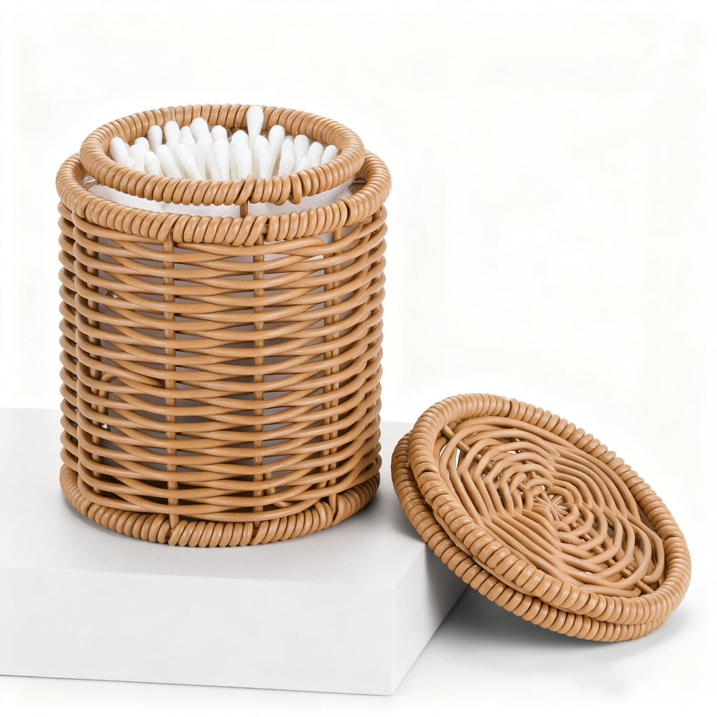 Rattan Q-tip Holder with Lid, Cotton Swab Canister