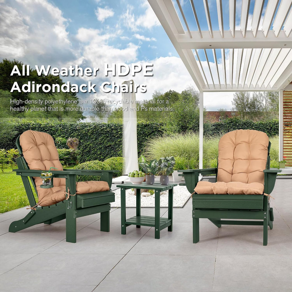 Folding Adirondack Chairs Set of 2 with Cushion with Cup Holder, HDPE Plastic Oversized Patio Chair Weather