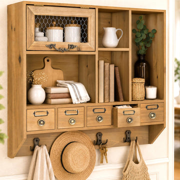 Farmhouse Medicine Cabinet Organizer - Rustic Chicken Wire Wall Shelf with Hooks | Apothecary Shelf & Bathroom Wall
