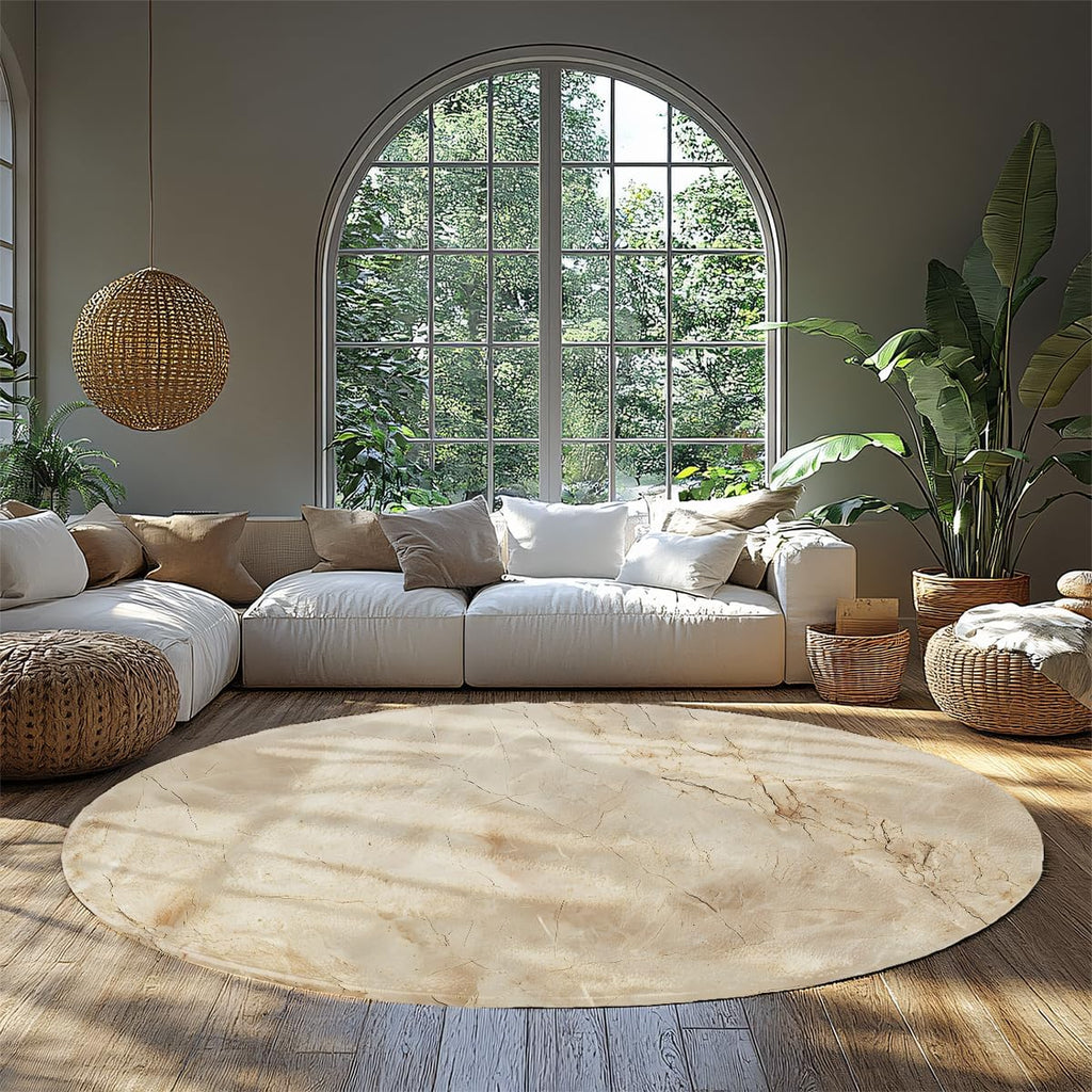 Scandi Washable Round Rug Non-Slip Neutral Stone Cracks Veins Circle Accent Rugs Modern Marble Beige 4ft