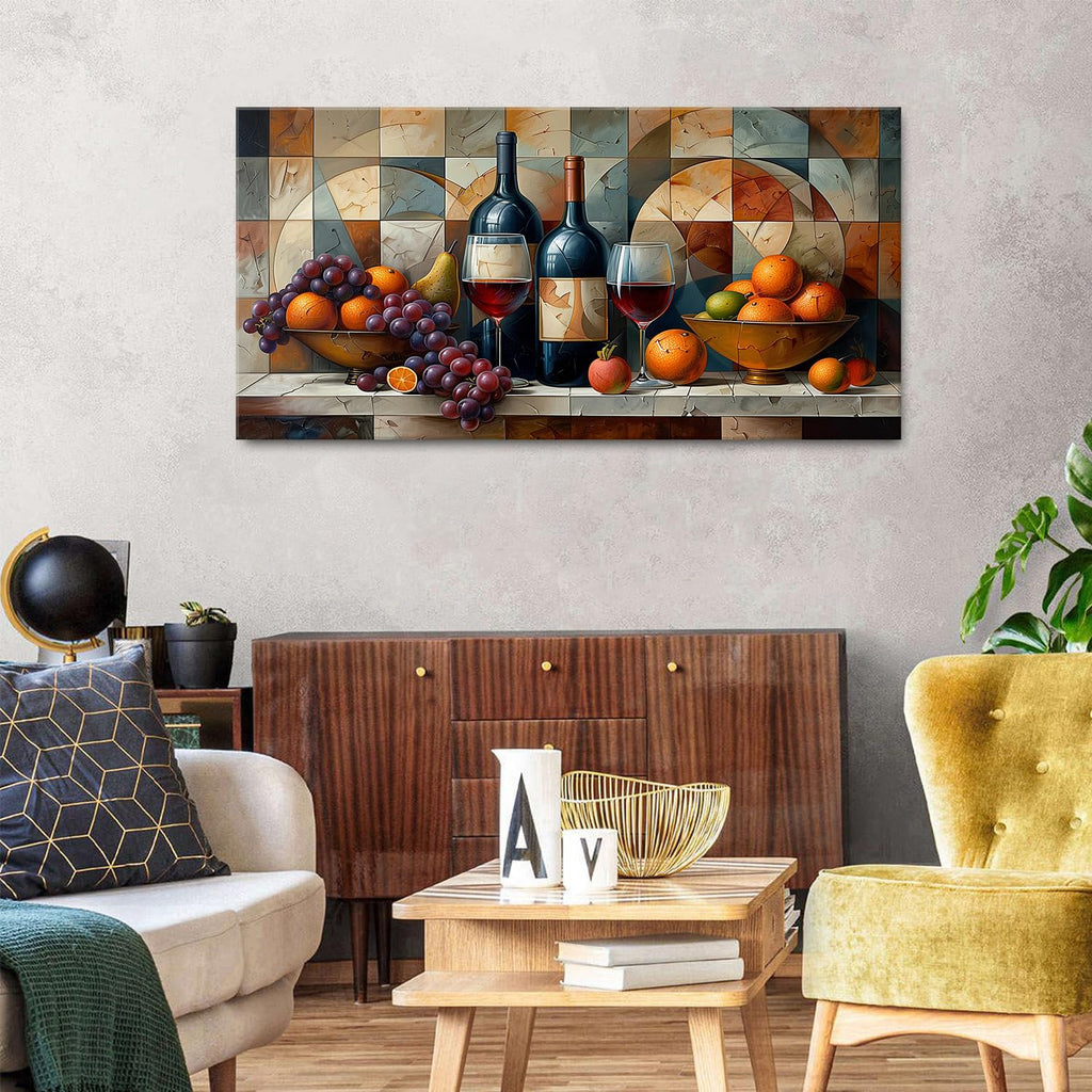 Abstract Kitchen Wall Art Geometric Wall Decor Red Wine Glass Fruits Canvas Prints Pictures Rustic Farmhouse Still