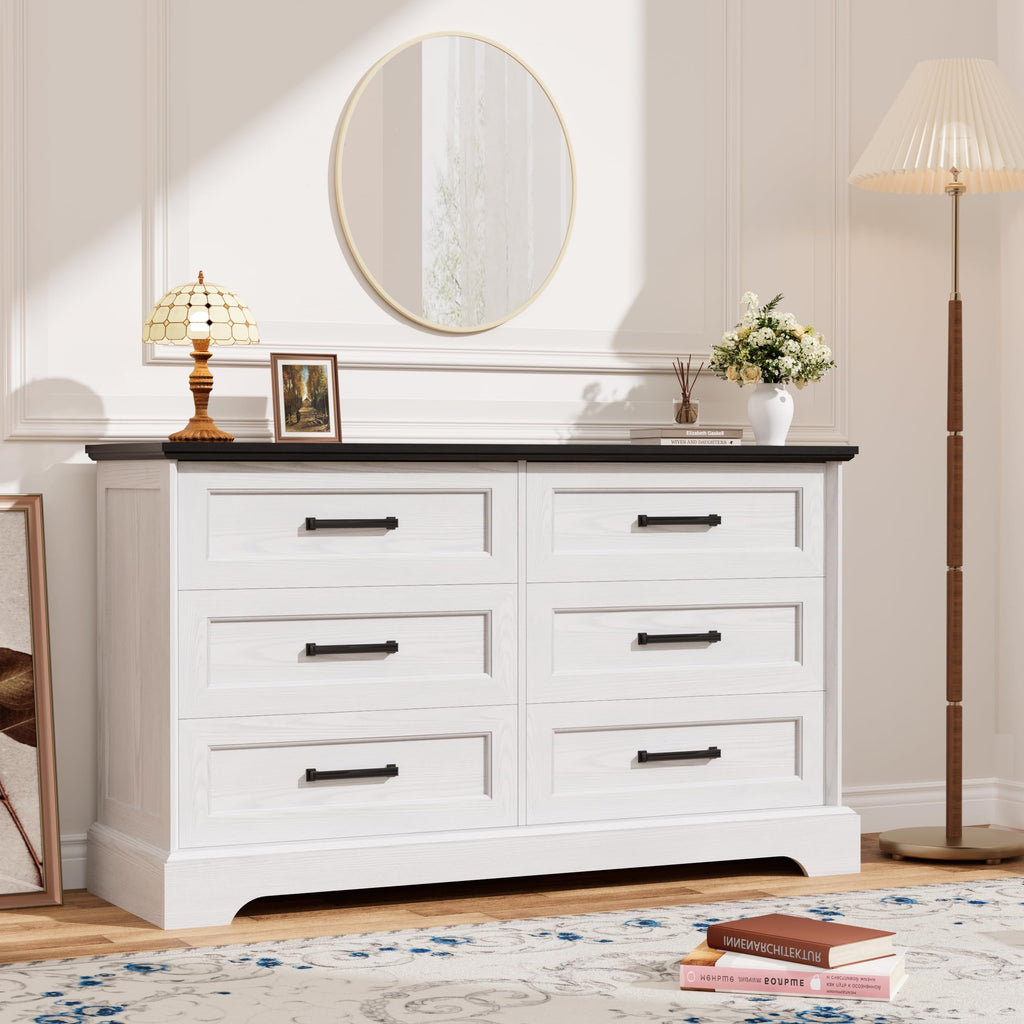 Farmhouse 6 Drawers Dressers, White and Black