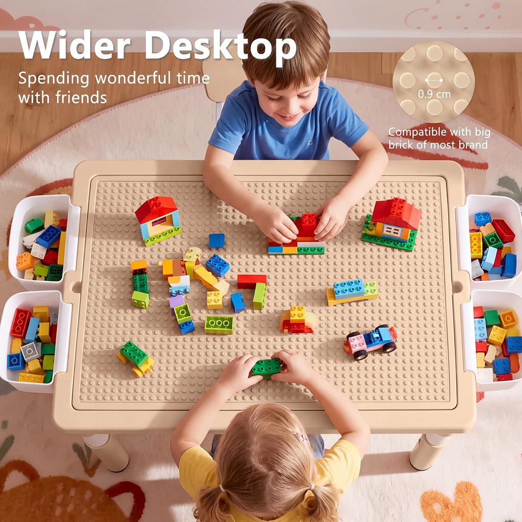 Kids Table & 2 Chairs Set, Adjustable Heights, Storage, Khaki