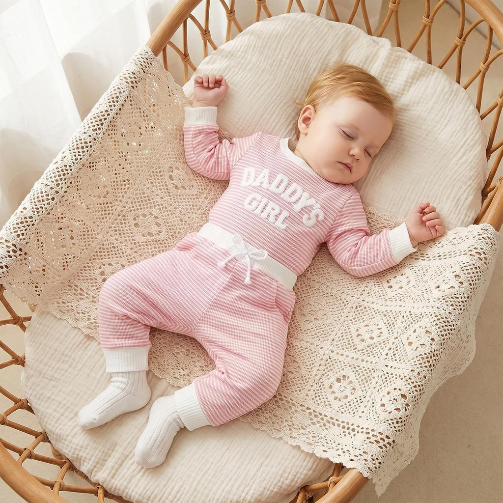 Baby Girl Fall Outfit Romper Long Sleeve Letter Embroidery Jumpsuit Bodysuit Pants Infant Waffle Clothes Set