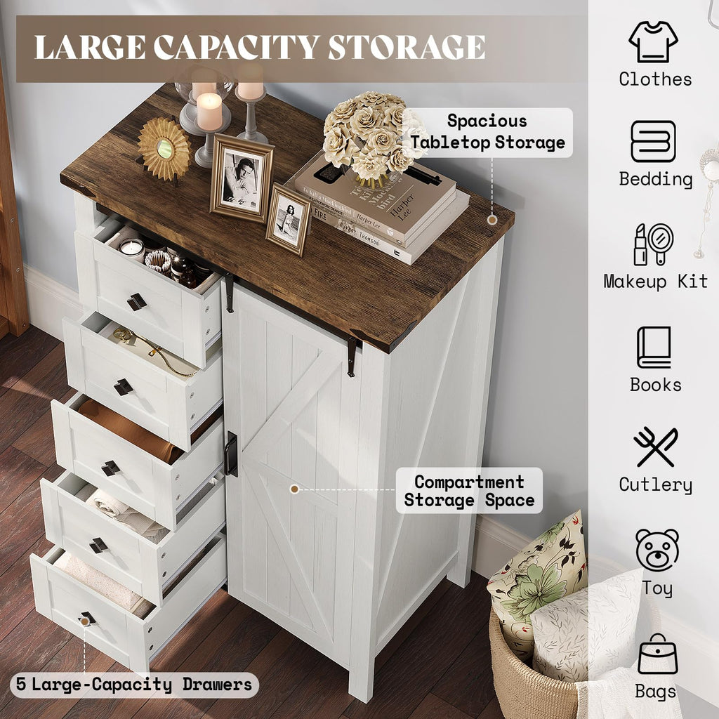 31.5" Farmhouse 5-Drawer Dresser with Barn Doors, Distressed White