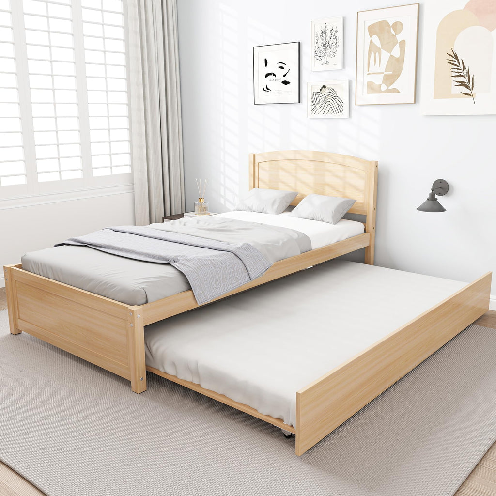 Twin Trundle Bed, Solid Wooden Pull Out Bed Frame, Extendable Day Bed with Headboard and Soild Wood Slats Support