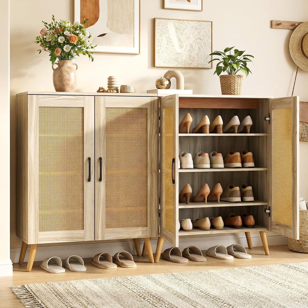 Shoe Cabinet with Rattan Doors, Natural