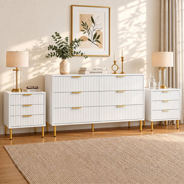 White and Gold 3-Piece Fluted Dresser and Nightstand Set