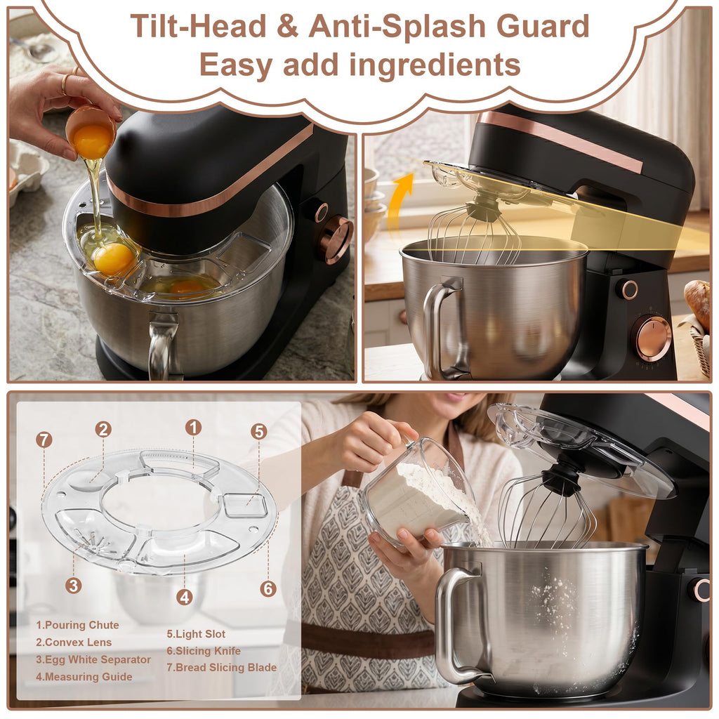 6.5 Qt 10-Speed Tilt-Head Stand Mixer with Dough Hook, Whisk, Beater & Splash Guard, Electric Kitchen Mixer for