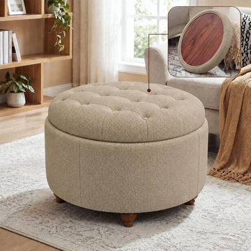 25" Round Ottoman with Storage, Small Coffee Table with Reversible Tray Lid | Tufted Fabric Round Storage Ottoman