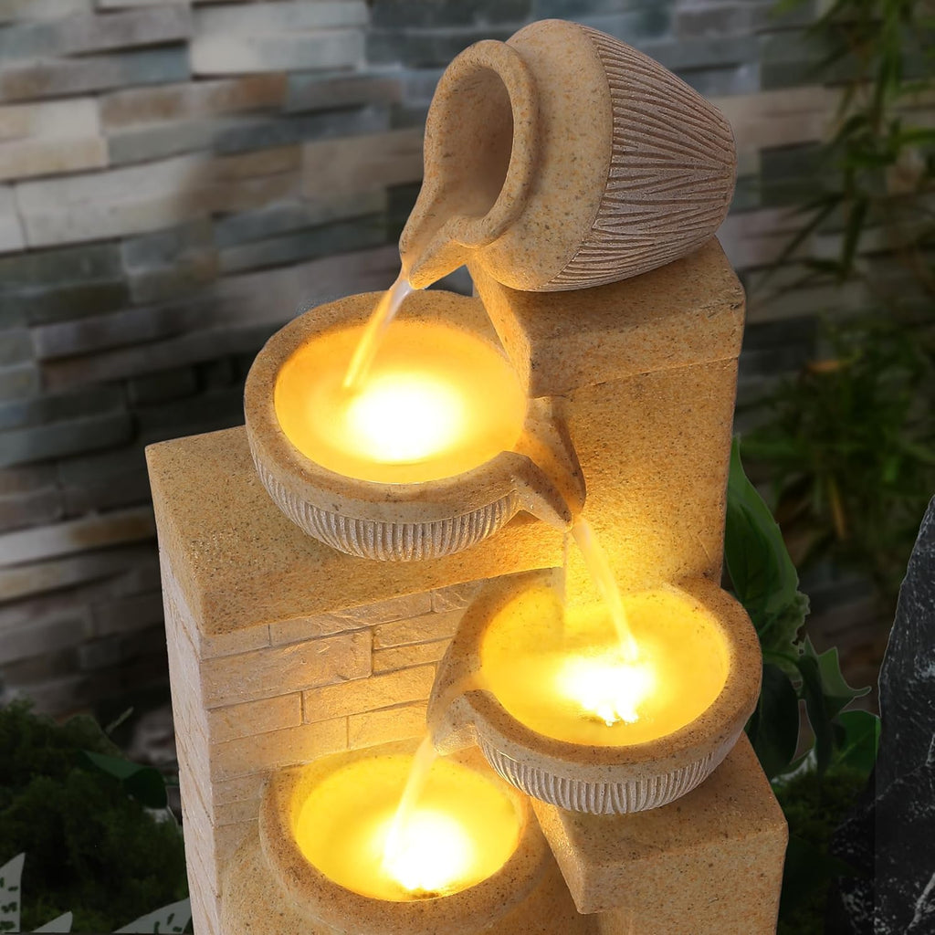 Outdoor Water Fountain, 4 Tiered Waterfall Fountains with LED Lights, Garden Bowl Waterfalls