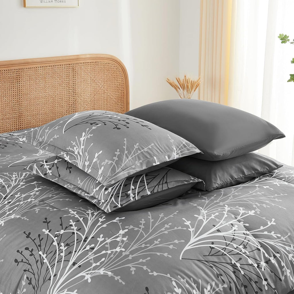 DJY Gray Comforter Set Queen Branch Botanical Bed in a Bag 7 Piece Grey Floral Comforter