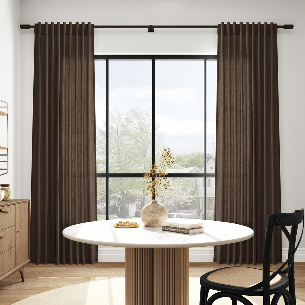 Chocolate Linen Curtains 90 Inch Long 2 Panels Set Living Room, Soft Linen Textured Window Drapes Semi Sheer Light