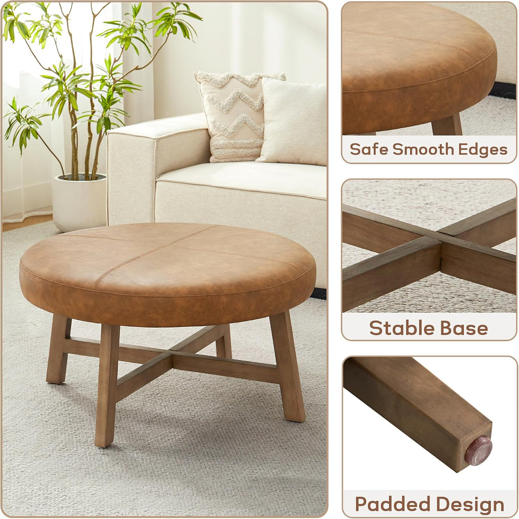 33 Inch Round Coffee Table, Leather Ottoman (Brown) | Upholstered Round Ottoman Easy to Assemble, Mid Century Modern