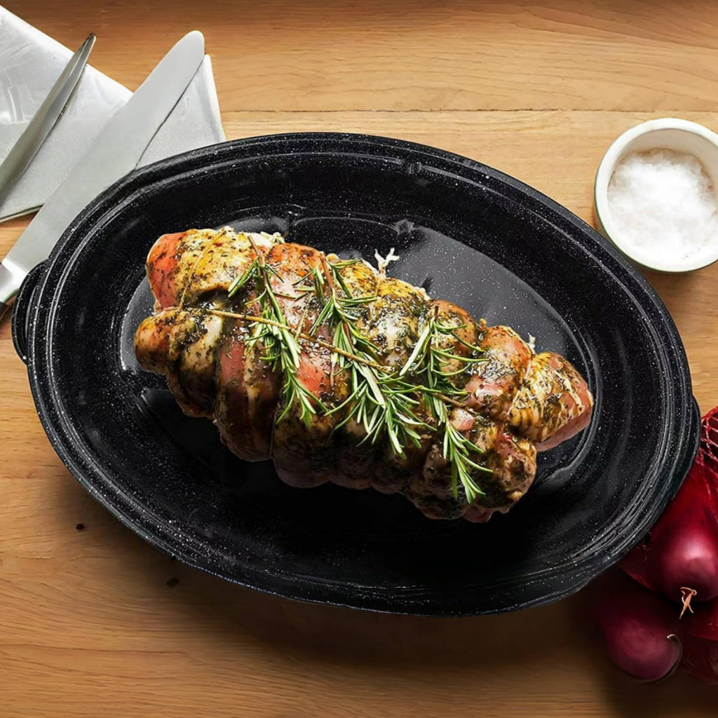 15"Oval Roasting Pan With Lid Small Chicken Roaster, With 13.7in Inner Diameter Enamel Steel Roasting Pot Suitable for