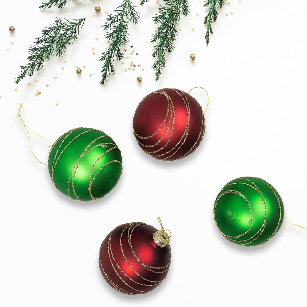 Glitter Golden Stripes Christmas Ornaments 3" Red Green 4ct