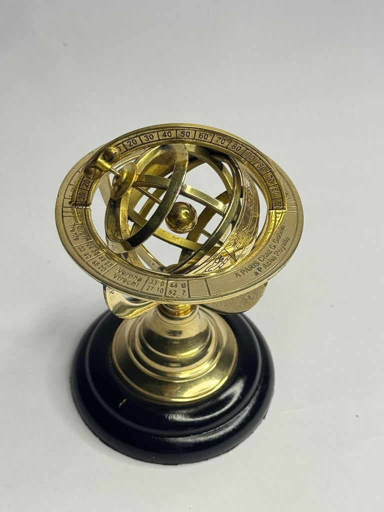 Vintage Brass Armillary Sphere Astrolabe 6 Inch - Antique Nautical Desk Decor, Astronomical Globe Model with Wooden