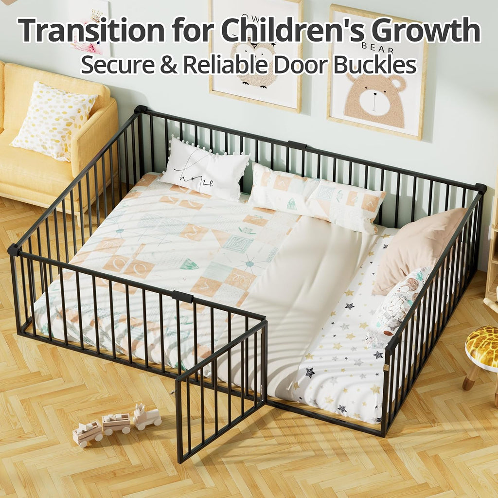 Metal Floor Bed Frame with Safety Guardrails & Door, Montessori Bed Frame, Metal Montessori Floor Bed for