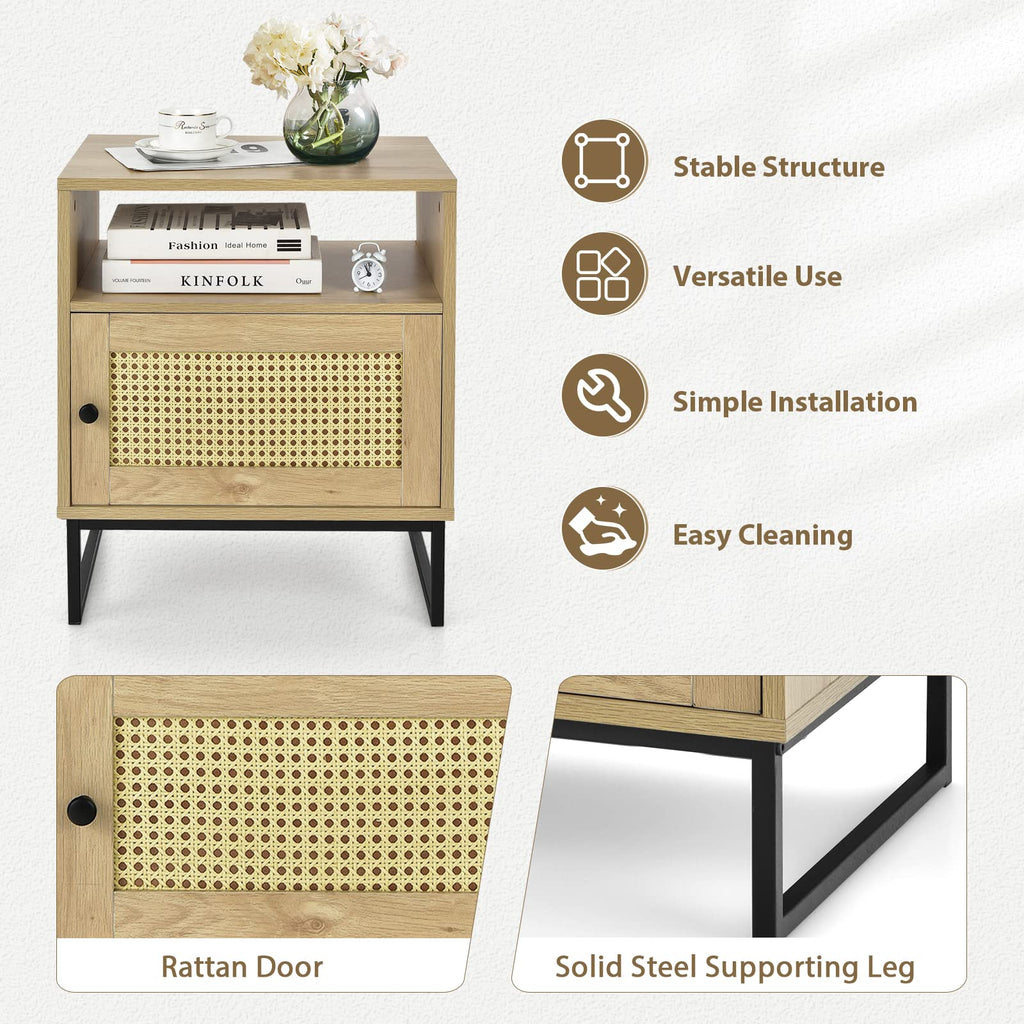 Rattan, Indoor Sofa Side Table with Shelf & Rattan Door Cabinet, Steel Base, Wood Finish, Natural Style Nightstand
