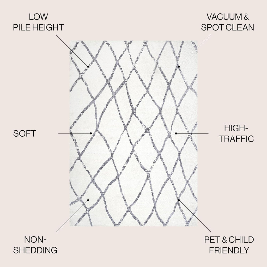 Illi Moroccan Diamond Trellis Ivory/Gray Indoor Area Rug, Bohemian, Vintage, Easy-Cleaning, Pet Friendly