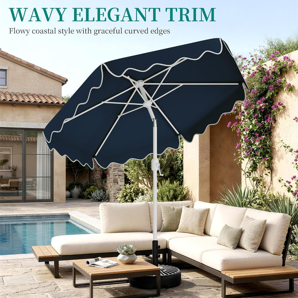Patio Umbrella with Wavy Trim, UV-Fade-Resistant Canopy, Crank & Tilt - Navy 9ft