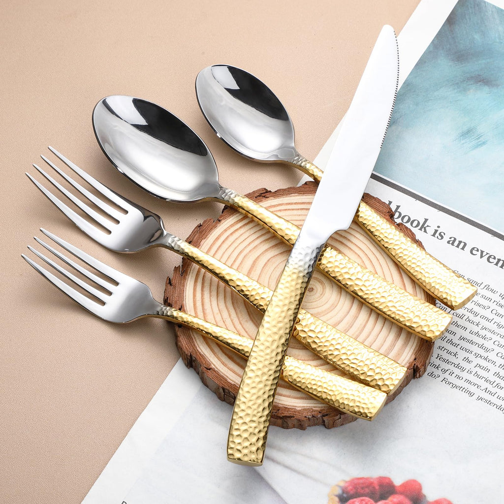 Hammered Silverware Set For 4, Forks and Spoons 18/10 Stainless Steel Heavy Duty Silverware Gold Cutlery Set 20 Piece