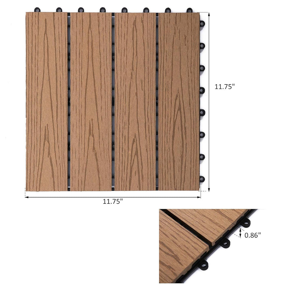 Interlocking Deck Tiles, Pack of 11 Outdoor Flooring Patio Tiles, 12" x 12", All Weather for Porch, Balcony, Backyard