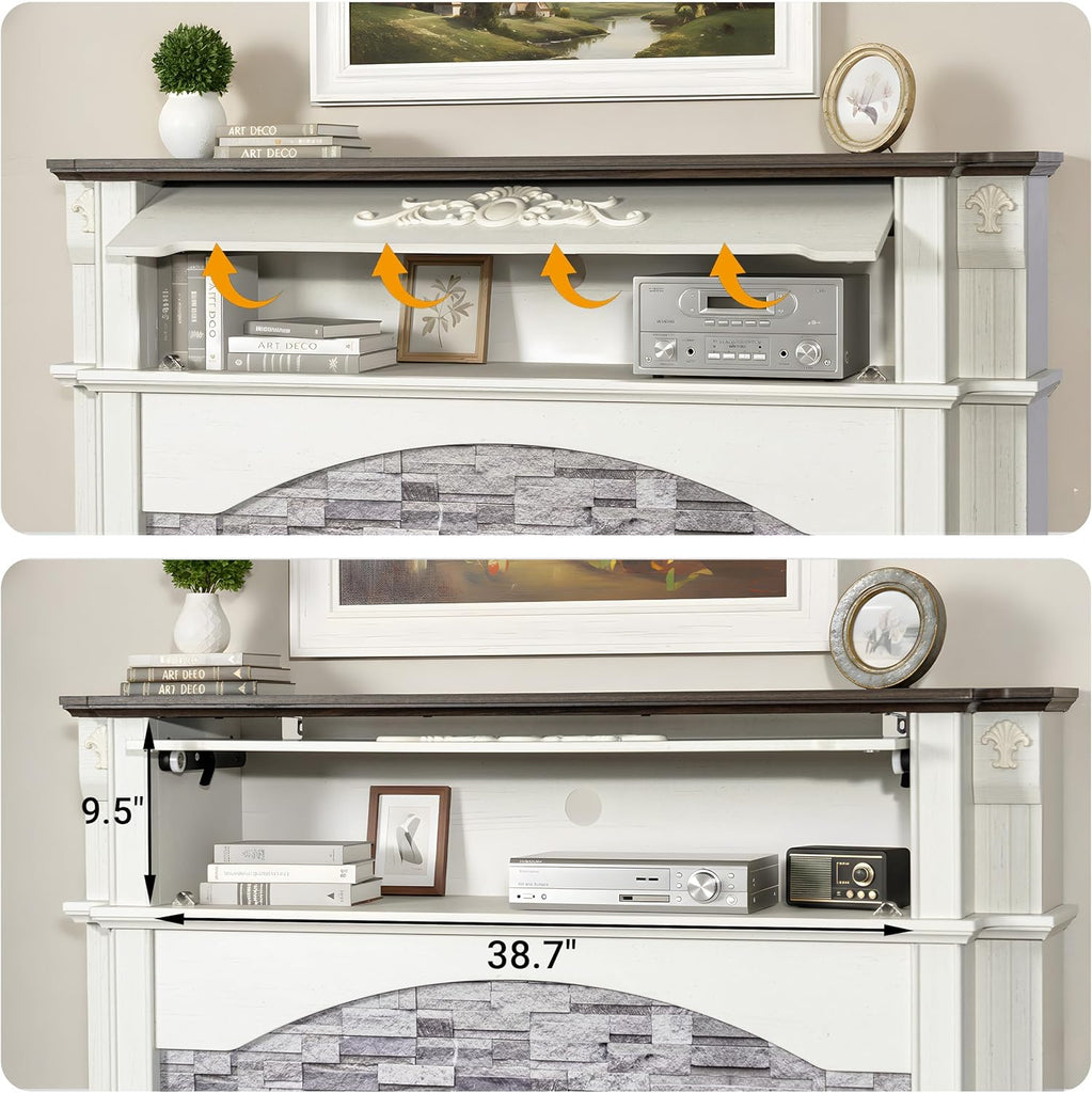 51" Electric Fireplace with Mantel, 45" Tall Carved Farmhouse Entertainment Center TV Stand with Storage Cubby and