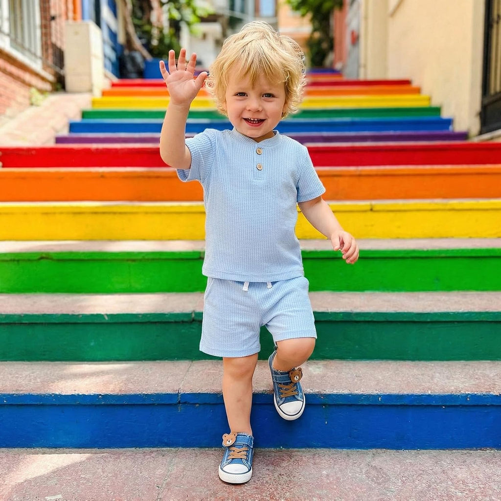 Toddler Baby Boy Summer Clothes Button Waffle Short Sleeve T-Shirt Top Elastic Waist Shorts Set 2Pcs Infant Outfit