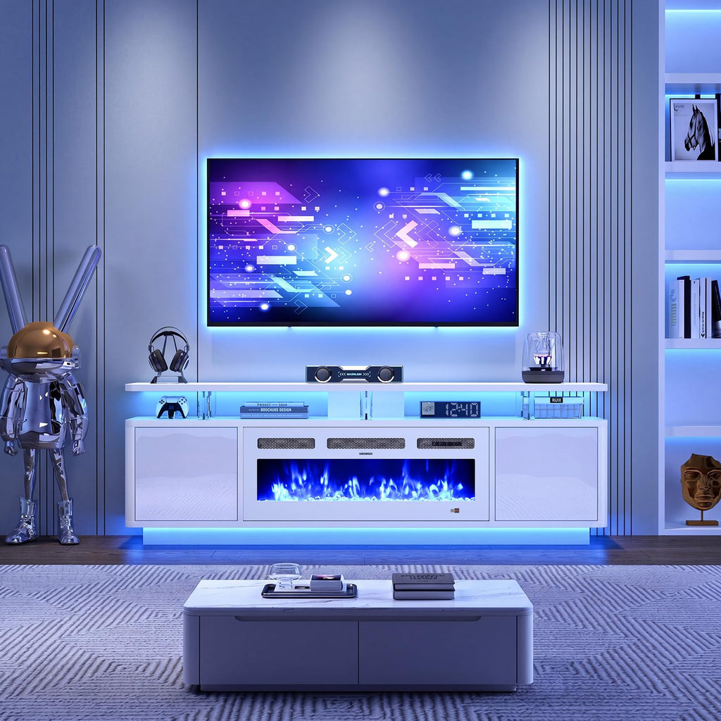 70", 36" Electric Fireplace with Adjustable Flames & Double LED Lights, Remote Control, Storage Cabinet with High
