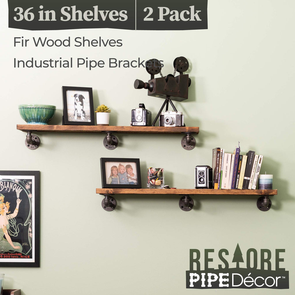 Industrial Pipe Wooden Shelves Restore by Premium Douglas Fir Wood Shelving 36 Inch Length Set of 2 Boards and 6 L