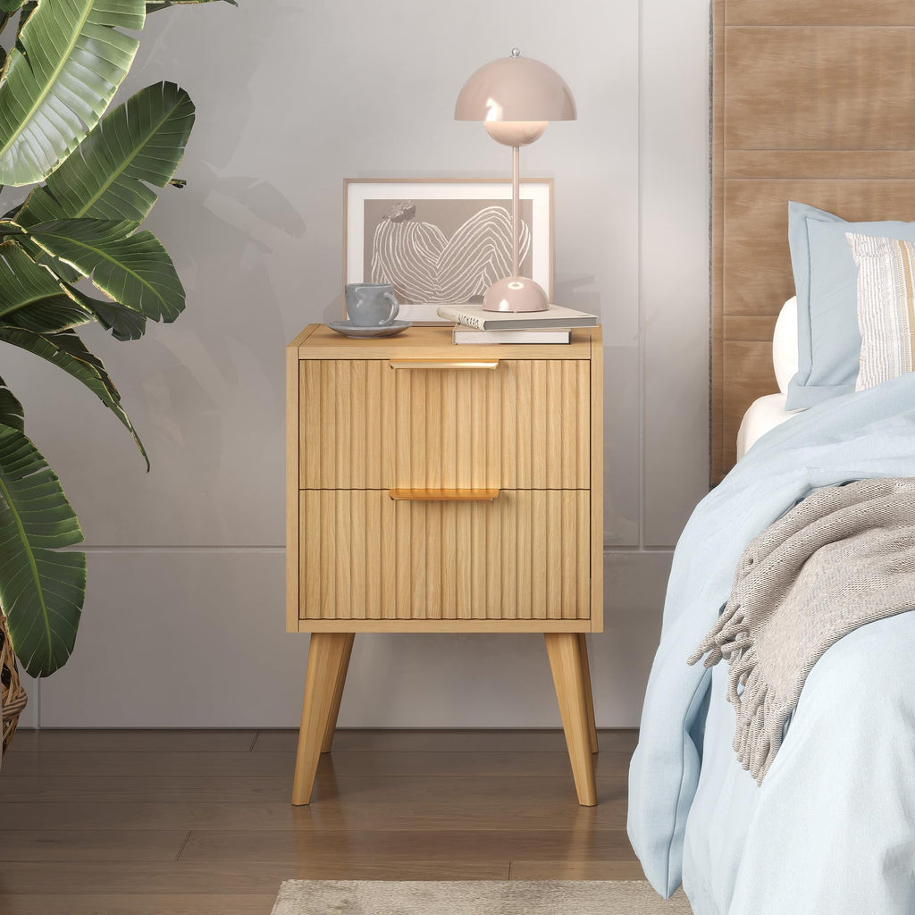 Fluted Nightstand with 2 Drawers, Natural Bedside Table