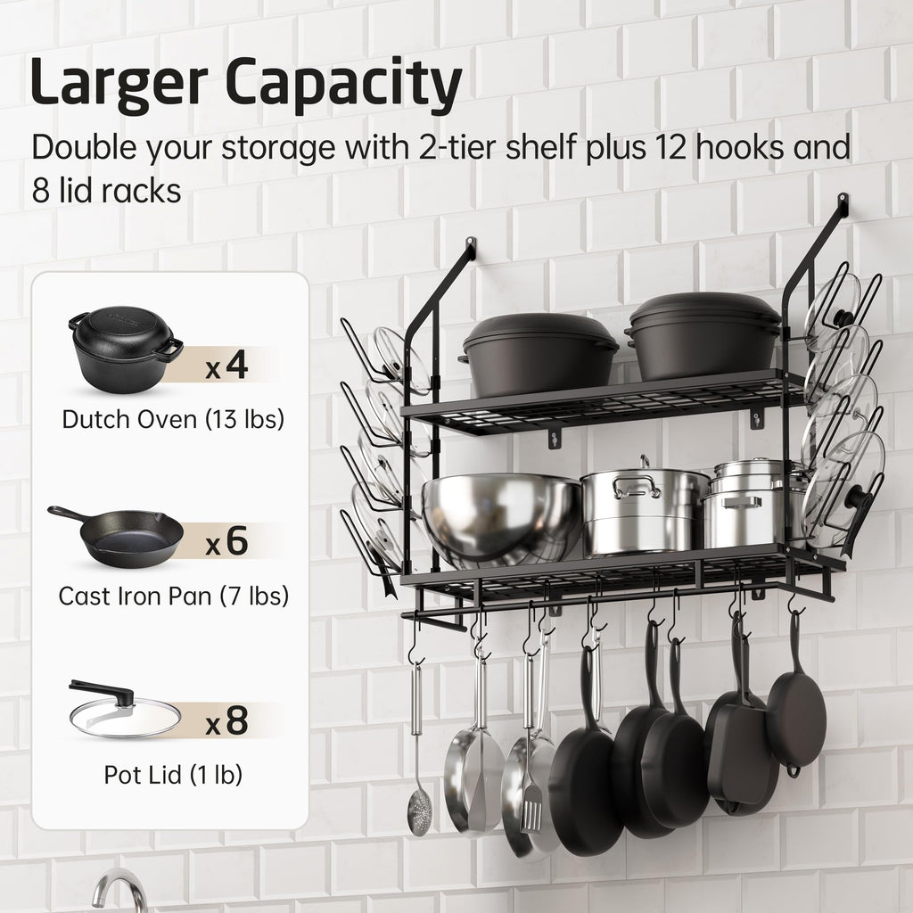 Pot Rack Wall Mounted, 8 Secure Lid Holders & 12 Sturdy Hooks