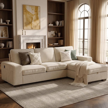 99" L-Shaped Sofa with Storage Chaise, Modern Sectional Couch, Beige