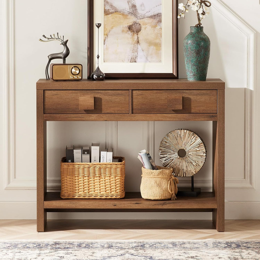 Console Table with Drawers, 40 Inch Narrow Entryway Table with Open Storage Shelves, Mid Century Modern Hallway