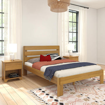 Modern Farmhouse Bed with Plank Headboard, Solid New Zealand Pine Wood Platform Bed, Pecan Finish