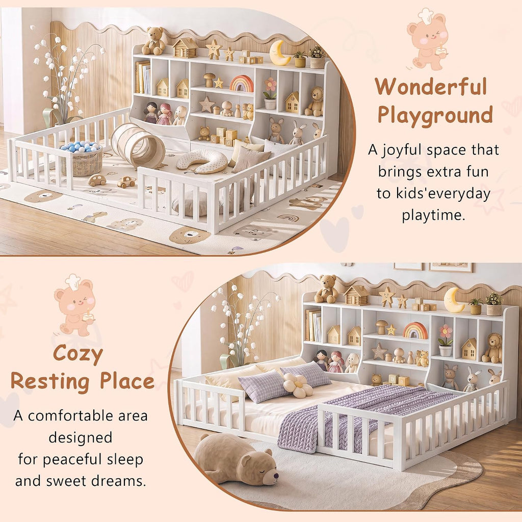 Floor Bed for Kids, Wooden Montessori Bed Frame with Bookcase, Storage Shelves & Safety Fence Rails, Floor Beds