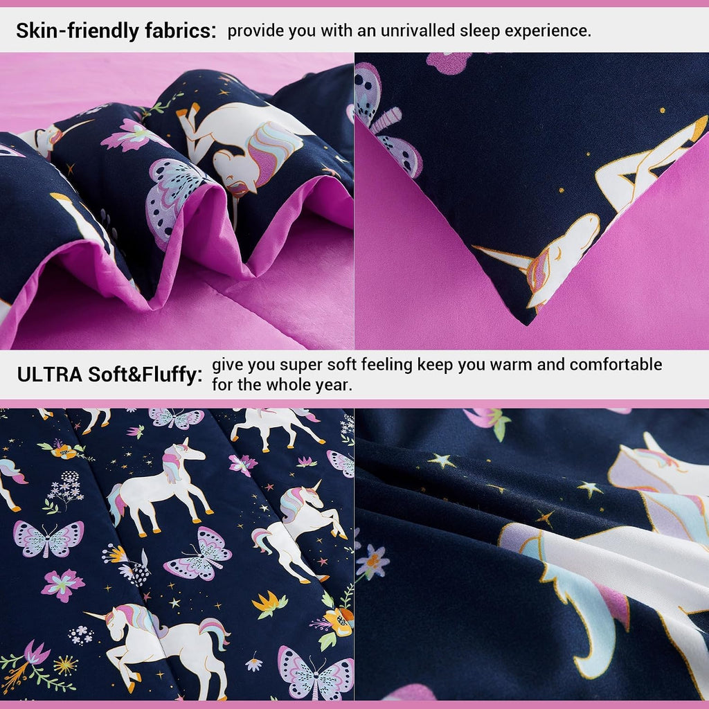 Kids Comforter Bed Set Twin for Girls, 6 Pieces Bed in a Bag with Shams, Sheet Set, Pink Unicorn Twin Soft Microfiber
