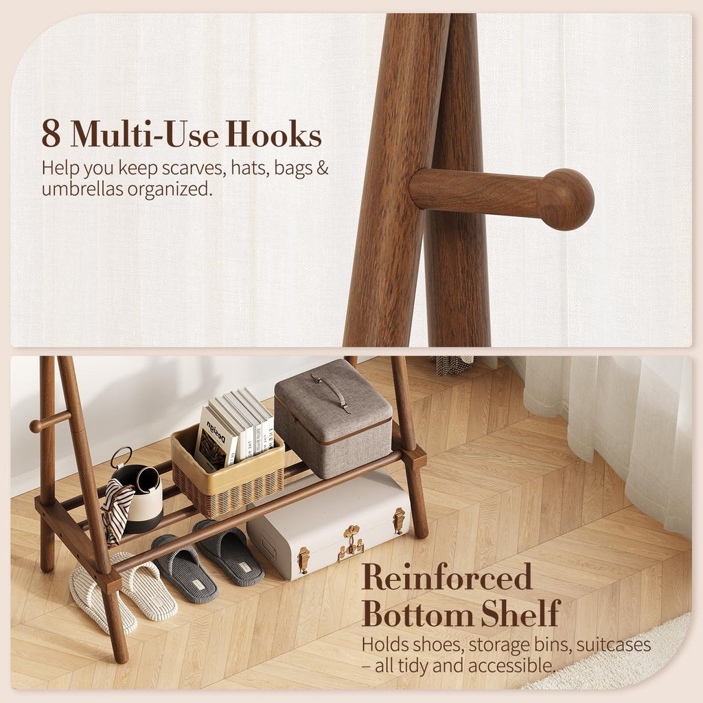 Solid Wood Clothes Rack - Heavy Duty Clothing Racks for Hanging Clothes with 8 Hooks, Portable Garment Rack for Dress