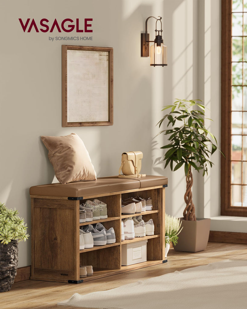 Shoe Storage Bench with Removable Cushion, Adjustable Shelves