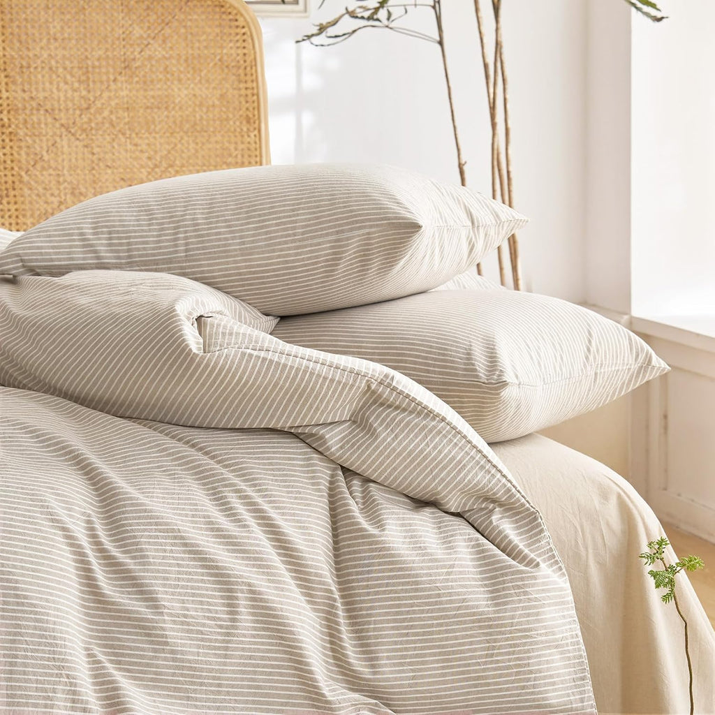 Striped Cotton Duvet Cover Set, 100% Washed Cotton Textured Bedding Set, Ticking Stripe Pinstripe Farmhouse, 3