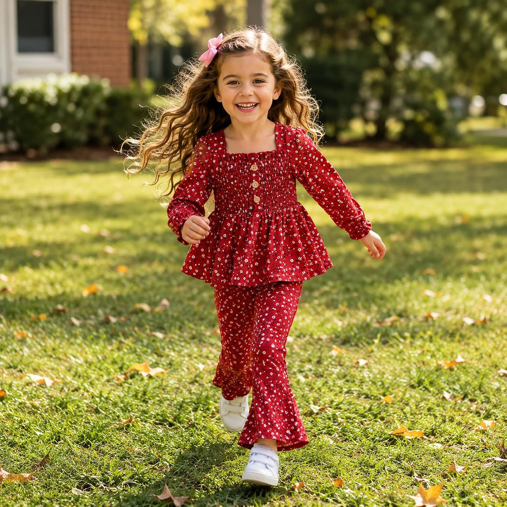 Toddler Girl Outfits Smocked Peplum Top with Kick Flare Pants