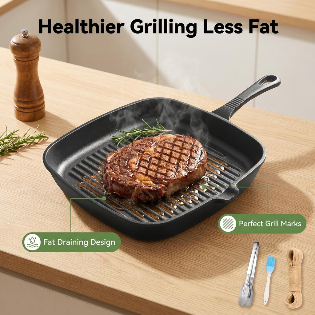 Cast Iron Grill Pan, 9.5" Square Griddle Skillet with Pour Spout, Oven Safe