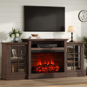 70" Farmhouse TV Stand with 28" Fireplace, Rustic Brown