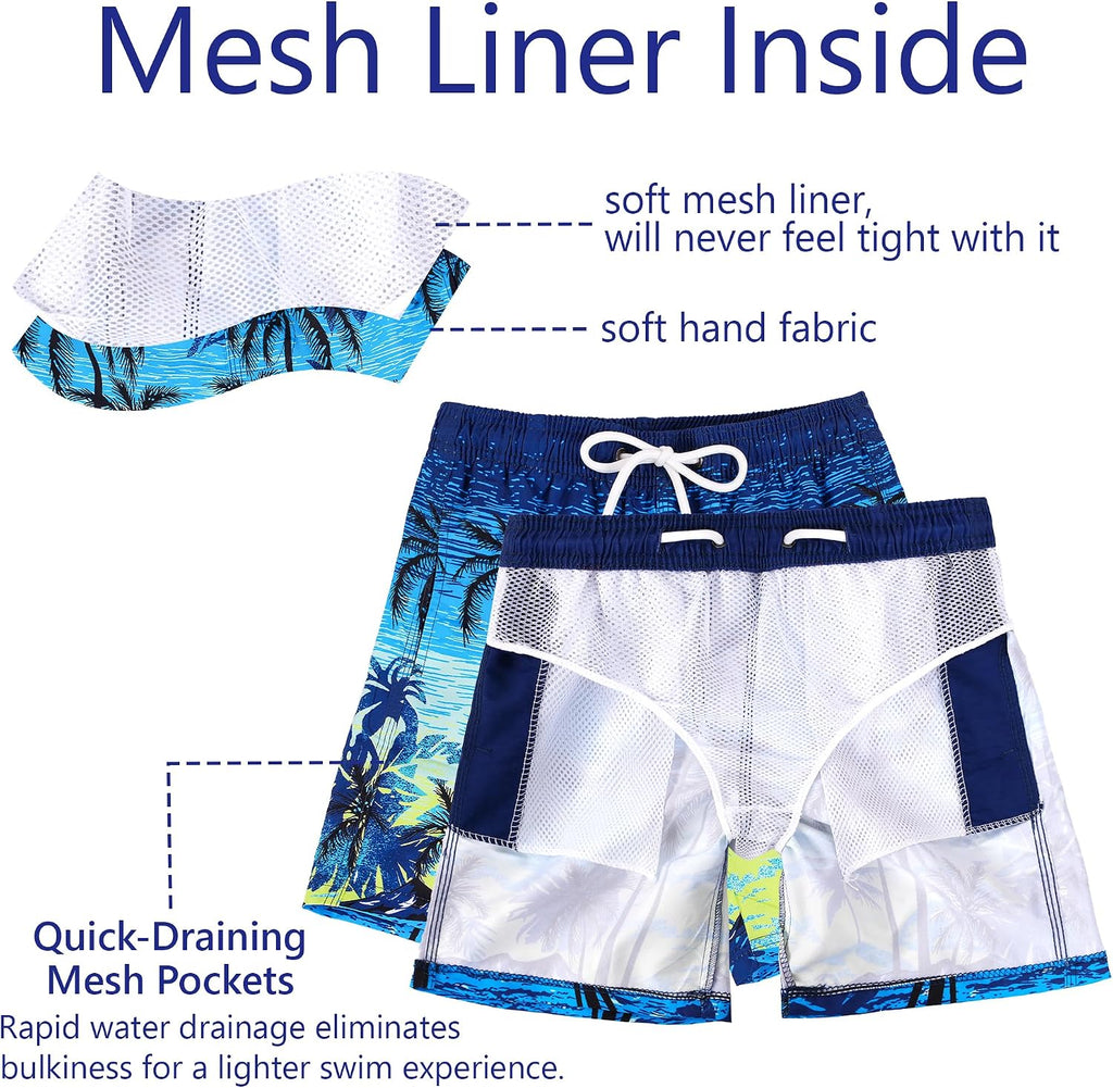 2 Pack Boys Swim Trunks Quick Dry Mesh Liner Board Shorts