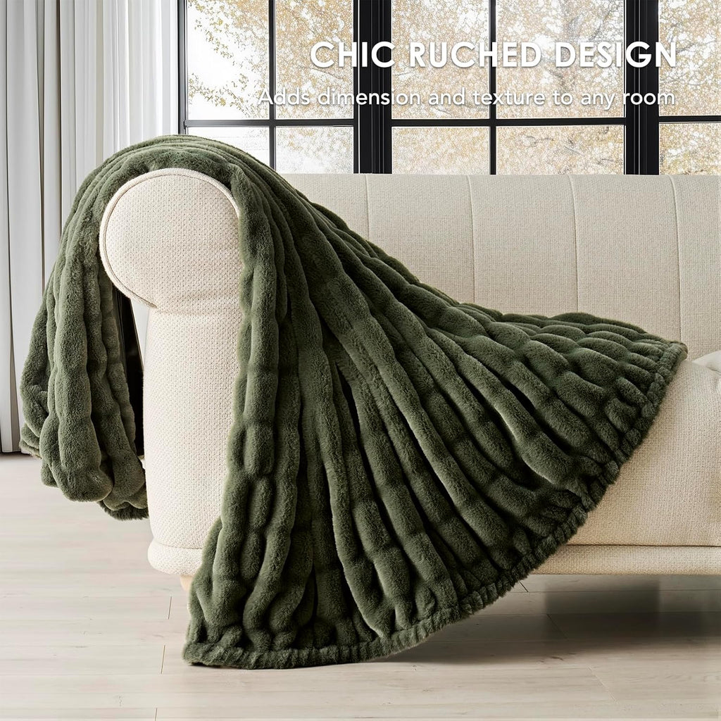 Ruched Bubble Faux Rabbit Fur Throw Blanket, 60"x80", Loden Green | Luxurious Soft Plush Reversible Blanket with