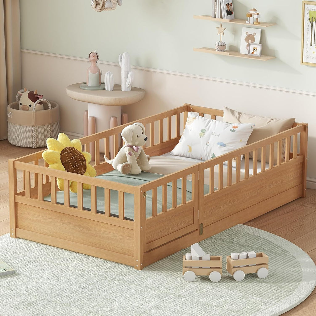 Twin Size Floor Bed with Fence and Door, Montessori Floor Bed with Slats, Twin Size Montessori Beds for Kids, Girls
