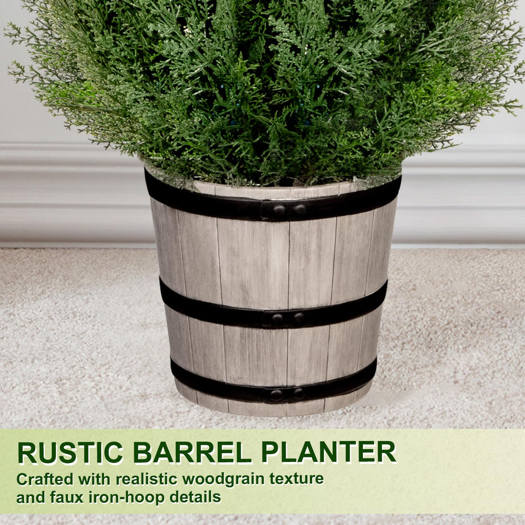 4FT Artificial Cedar Topiary Trees with Rustic Barrel Planter, Outdoor Indoor Realistic Faux Pine Shrubs Plants, Fake