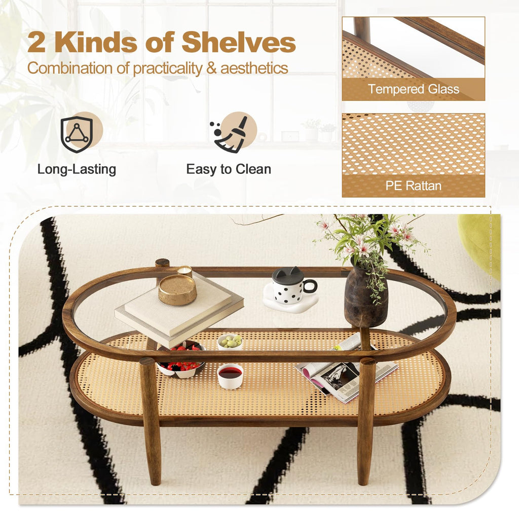 Rattan Coffee Table, 2-Tier Oval Acacia Wood Tea Table w/Tempered Glass Tabletop & PE Rattan Storage Shelf, Boho