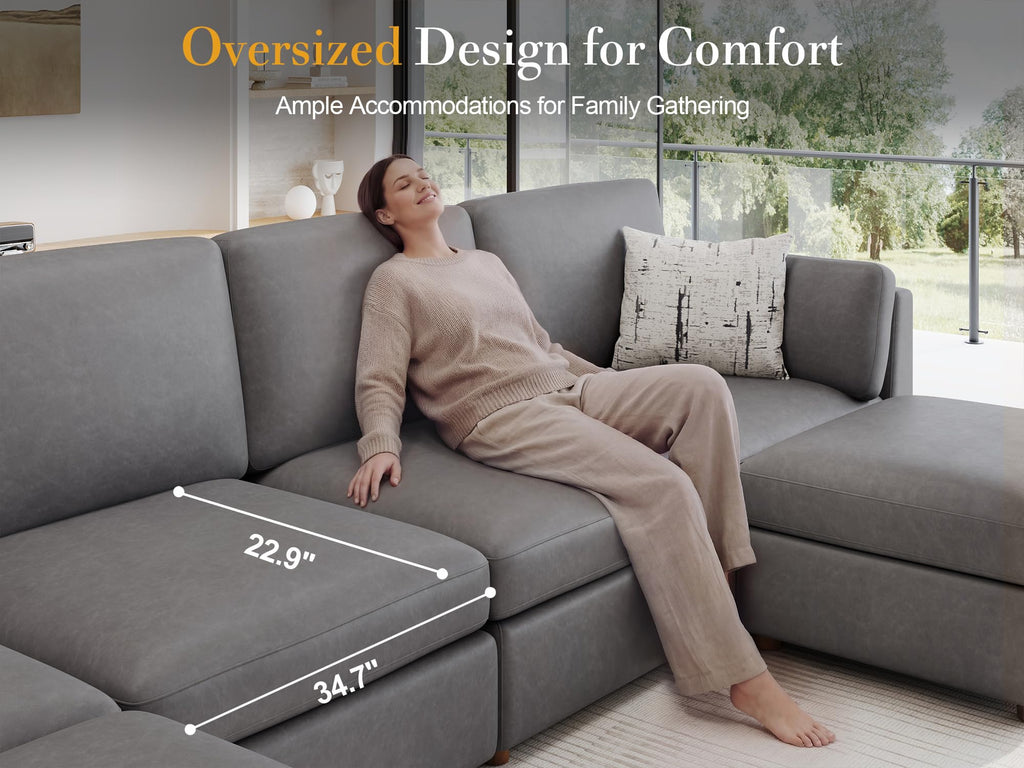 Faux Leather Modular Sectional Sofa Wide V Shaped Couches Gray